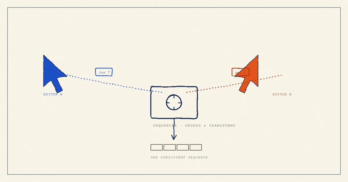 Diagram of two cursors sending labeled insert and delete operation strips across dashed lines to a central sequencer that orders and transforms them.