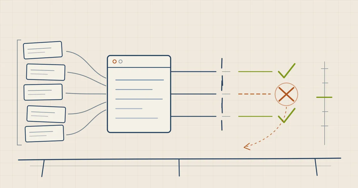 A line-art test bench showing eval cases fed through an agent run into pass and fail gates, with a regression marker on one lane.