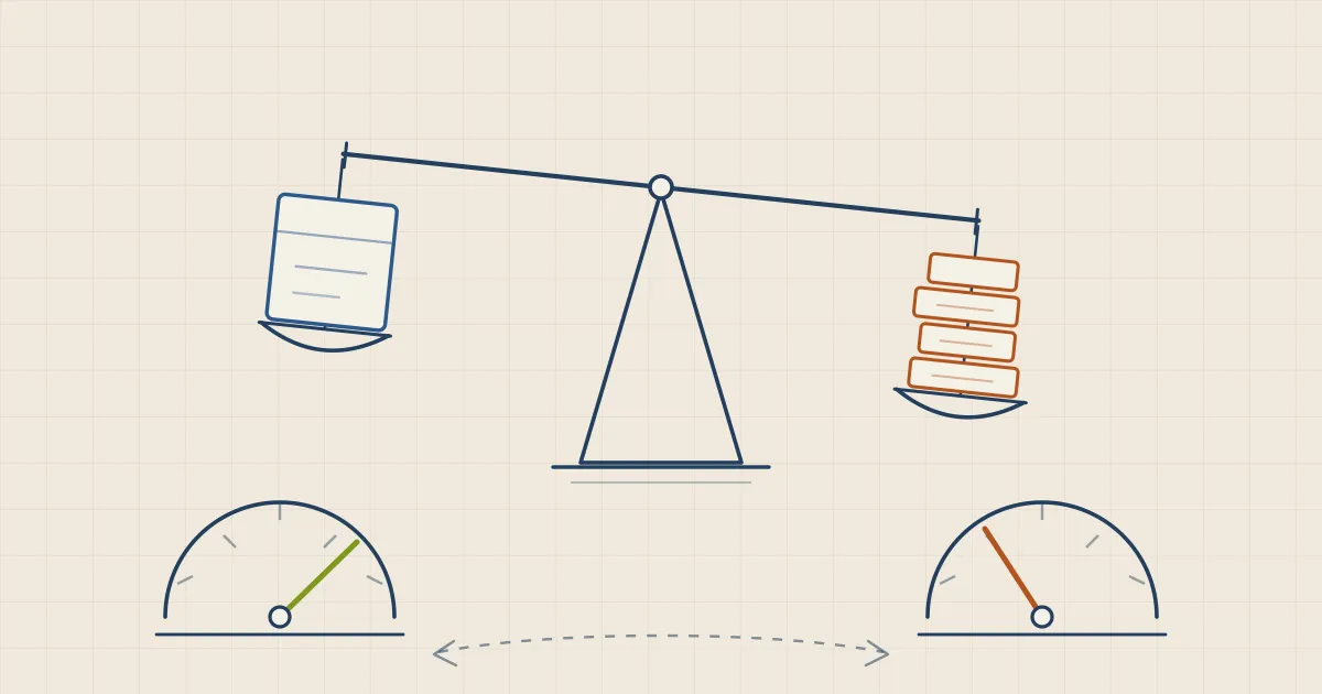 A balance scale weighing a valuation weight against a stack of compute cost blocks, beside two meters reading run-rate and recognized revenue at different levels.