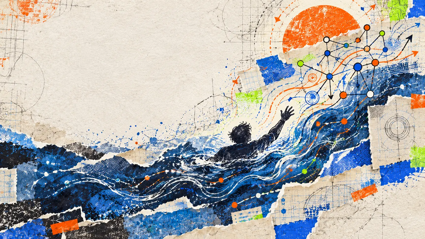 A faceless silhouette reaching upward, half submerged in a torn collage of cobalt waves, orange arrows and a drawn network graph.