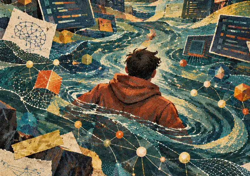 Torn piece of a painted collage: a lone figure, seen from behind,
wading through cobalt water strung with code windows and node graphs.